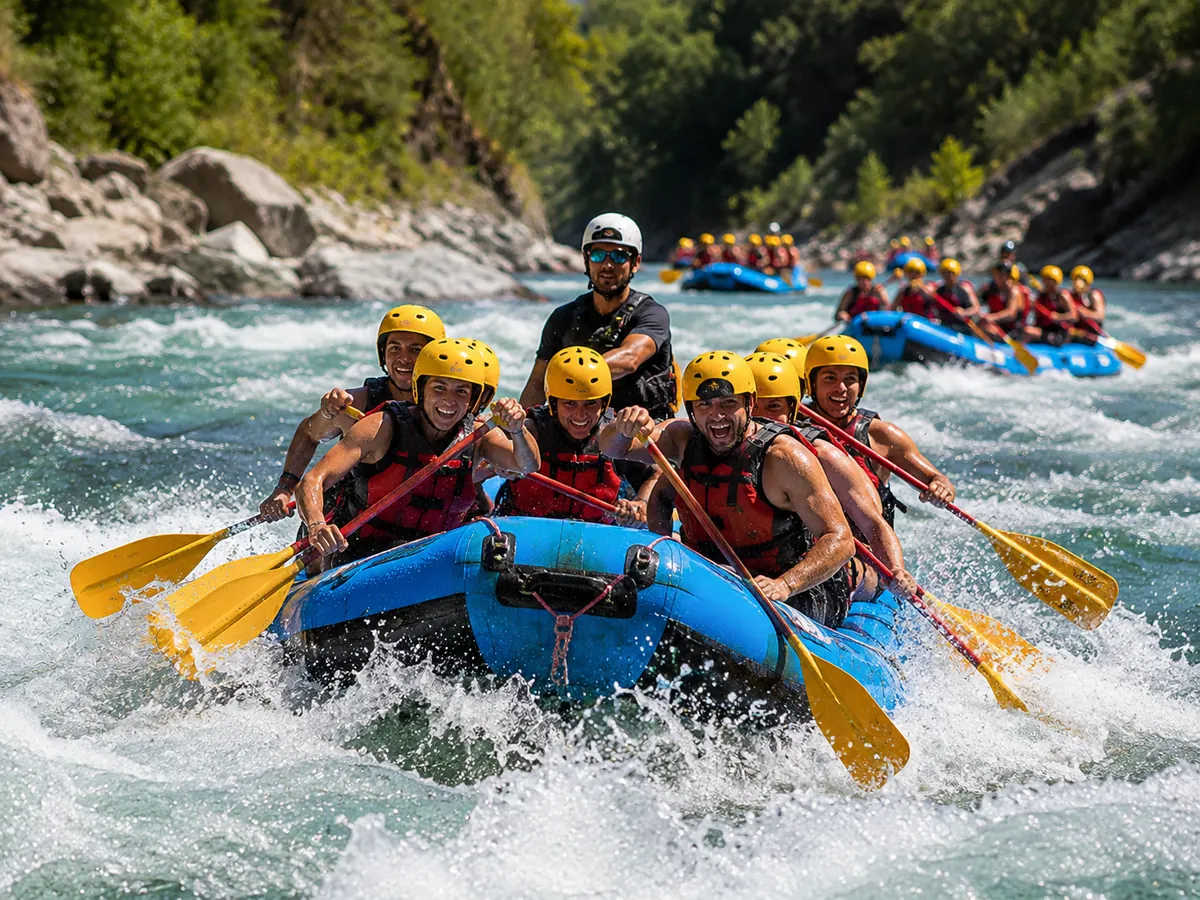 Grupo de rafting en plena acción en aguas bravas