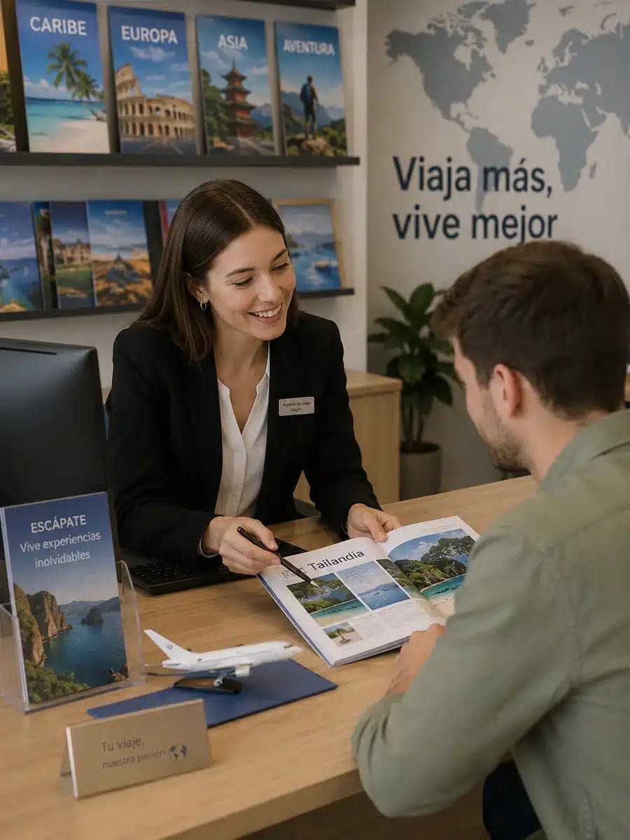 Agente de viajes asesorando a un cliente en la agencia