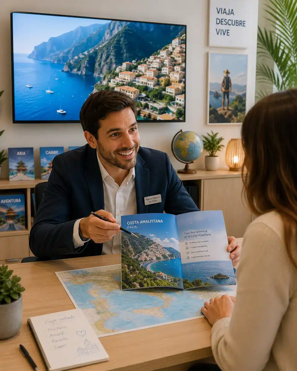 Agente de viajes experto mostrando un destino a un cliente