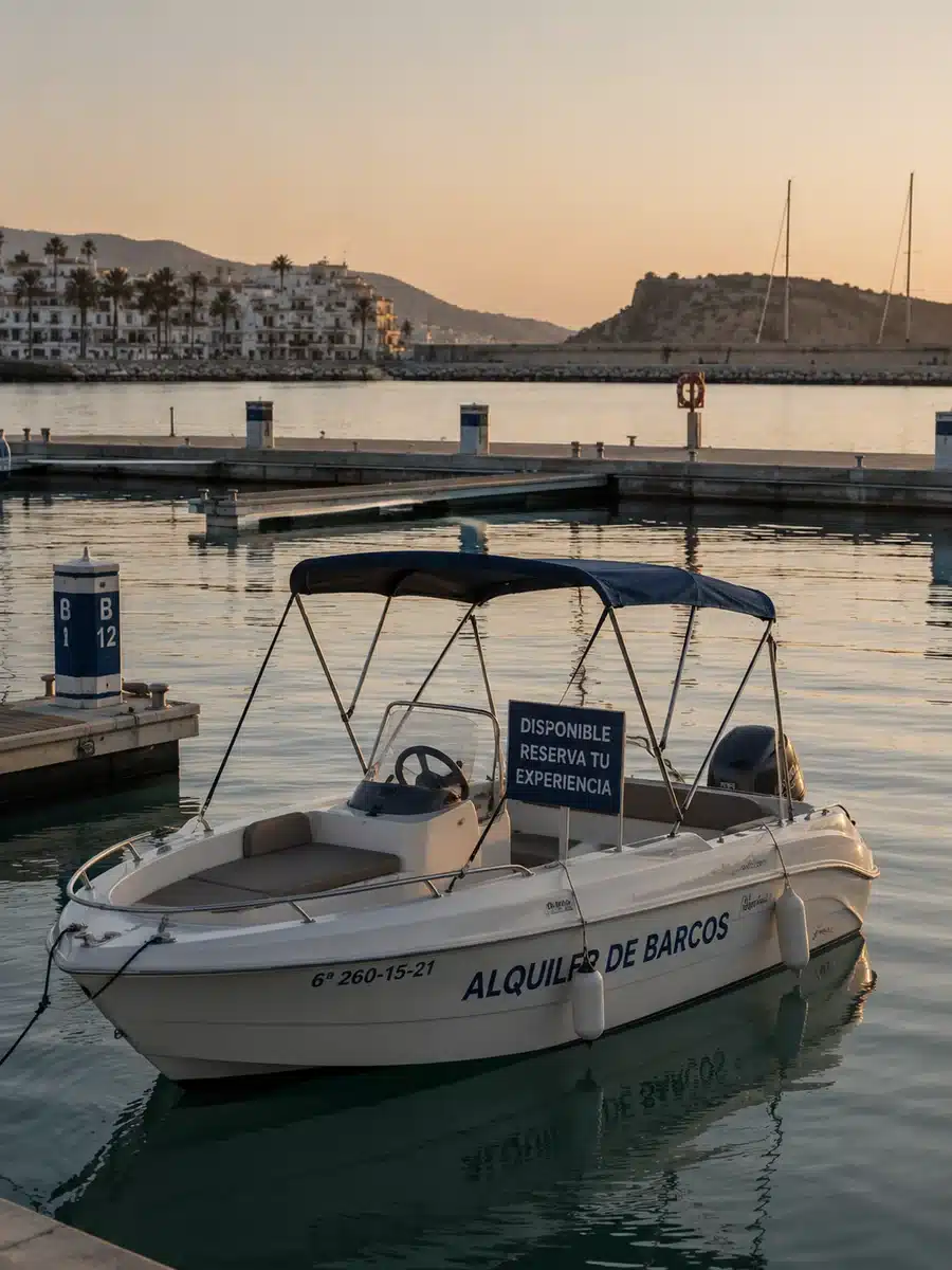 arca de alquiler amarrada al atardecer con un cartel de reserva disponible