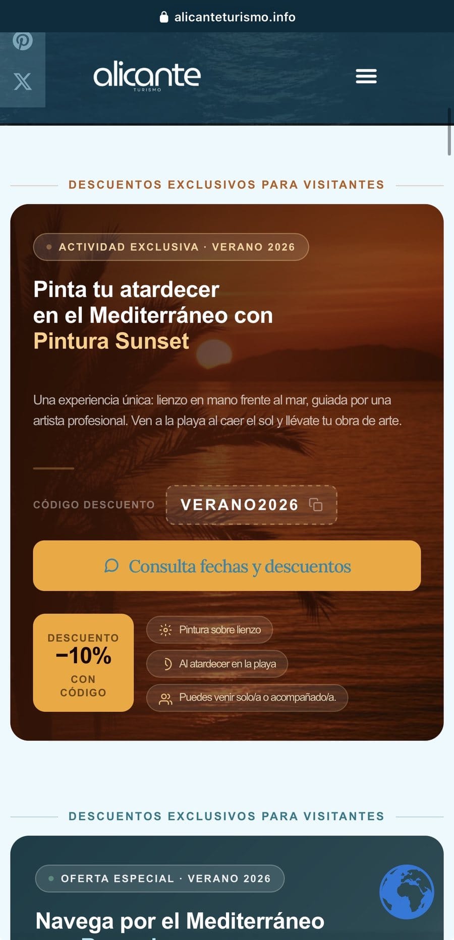 Banner promocional con código de descuento en la web de Alicante Turismo
