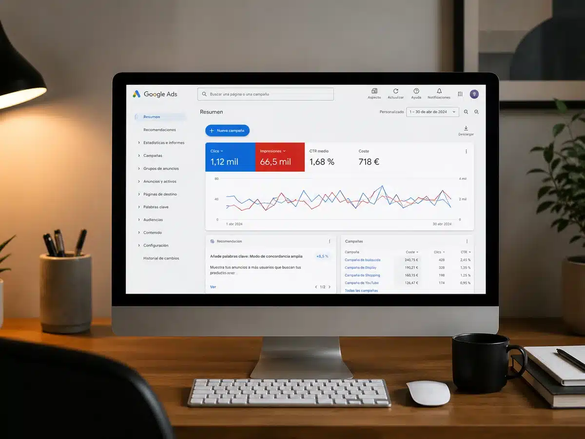 Panel de Google Ads con métricas de una campaña en la pantalla de un ordenador de escritorio