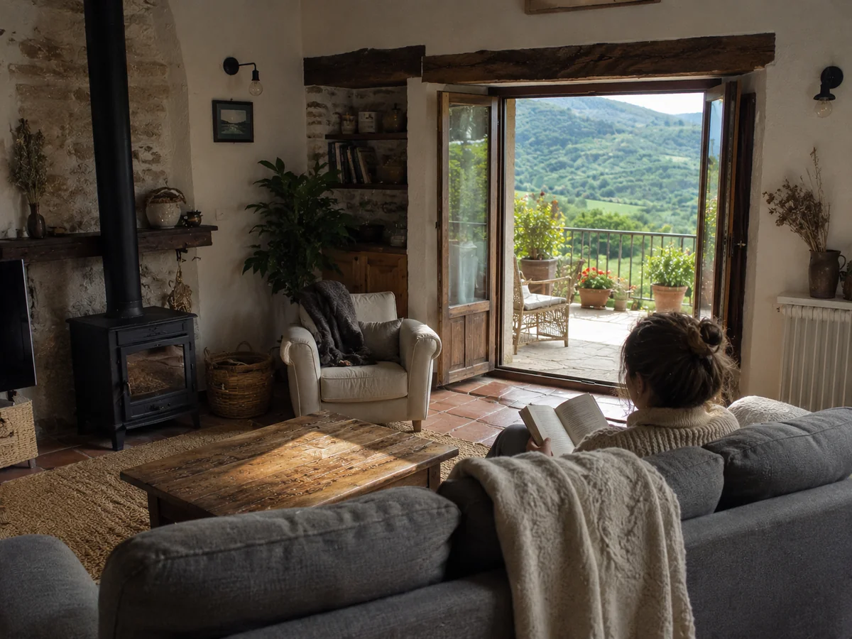 Salón acogedor de una casa rural con vistas al valle