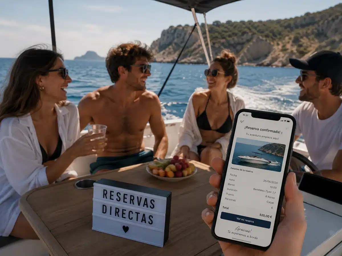 Grupo de amigos disfrutando de una salida en barco con la reserva confirmada en el móvil