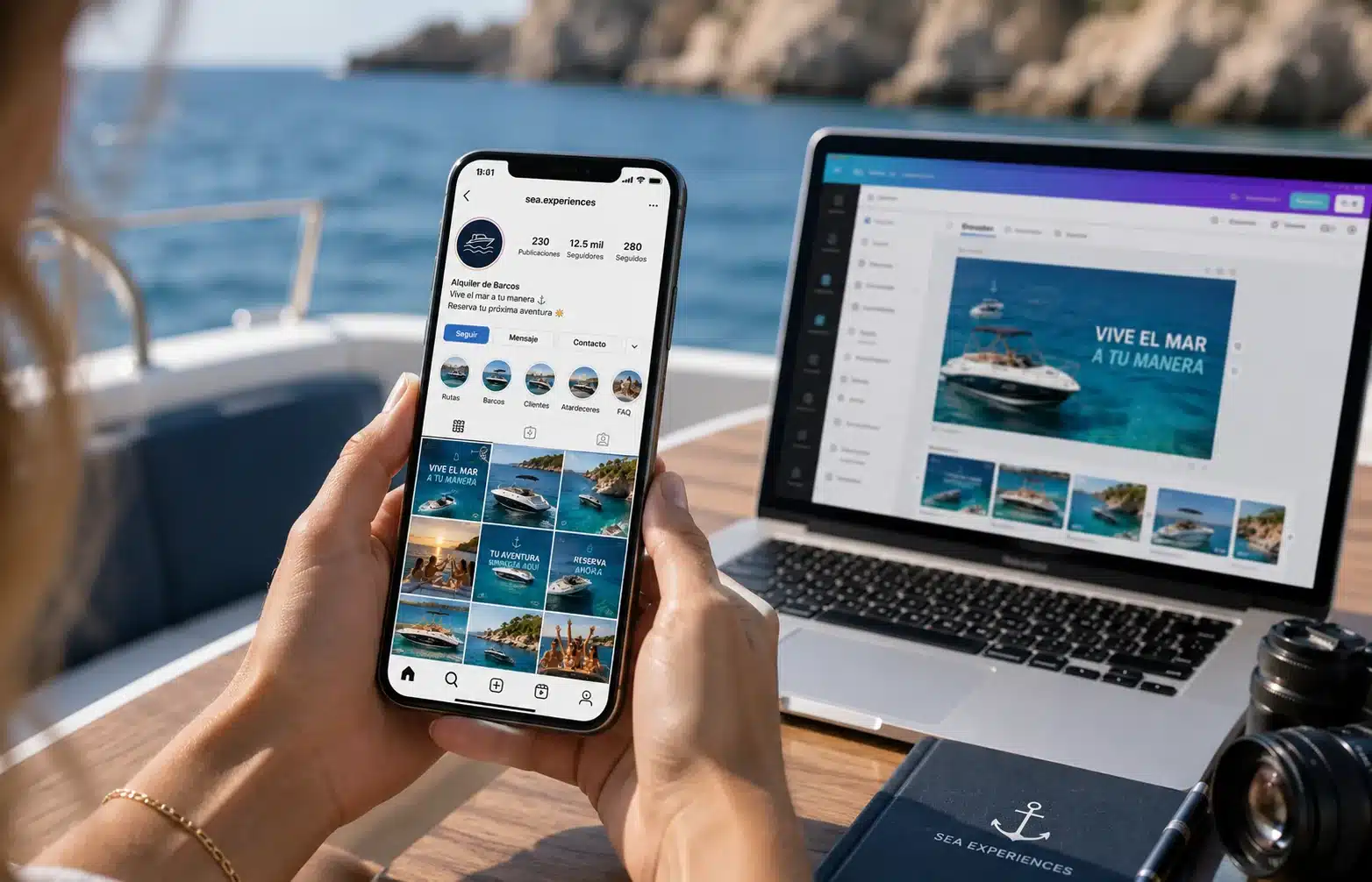 Perfil de Instagram de alquiler de barcos editándose en el móvil y el portátil