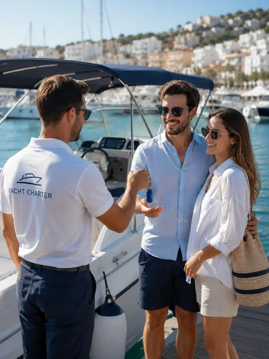 Empleado de charter náutico entregando las llaves de un barco a una pareja