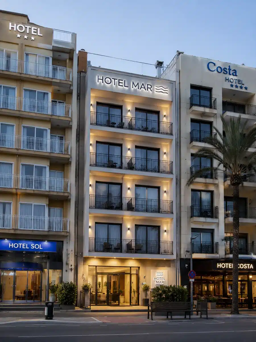 Fachada de un hotel iluminada entre varios hoteles competidores en la calle