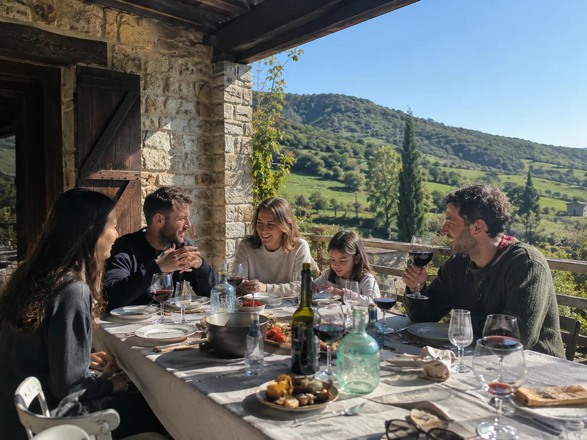 Familia disfrutando de una comida en la terraza de una casa rural