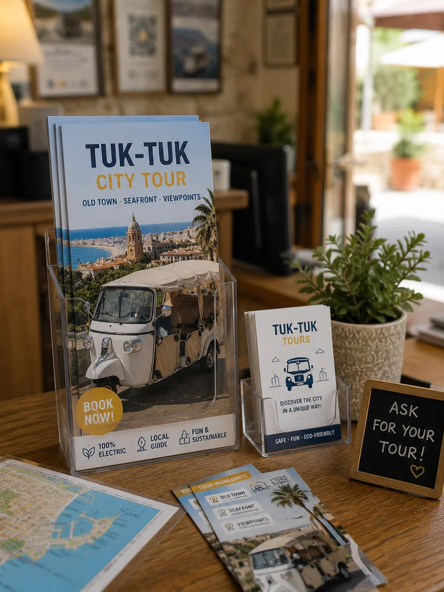 Folletos de paseos en tuk-tuk en un mostrador