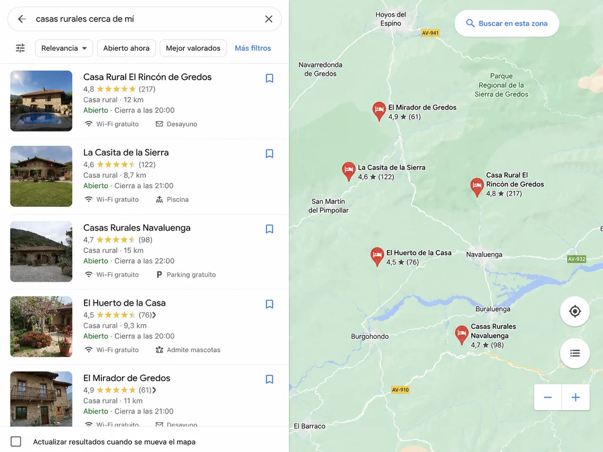 Resultados de Google Maps con negocios turísticos cercanos