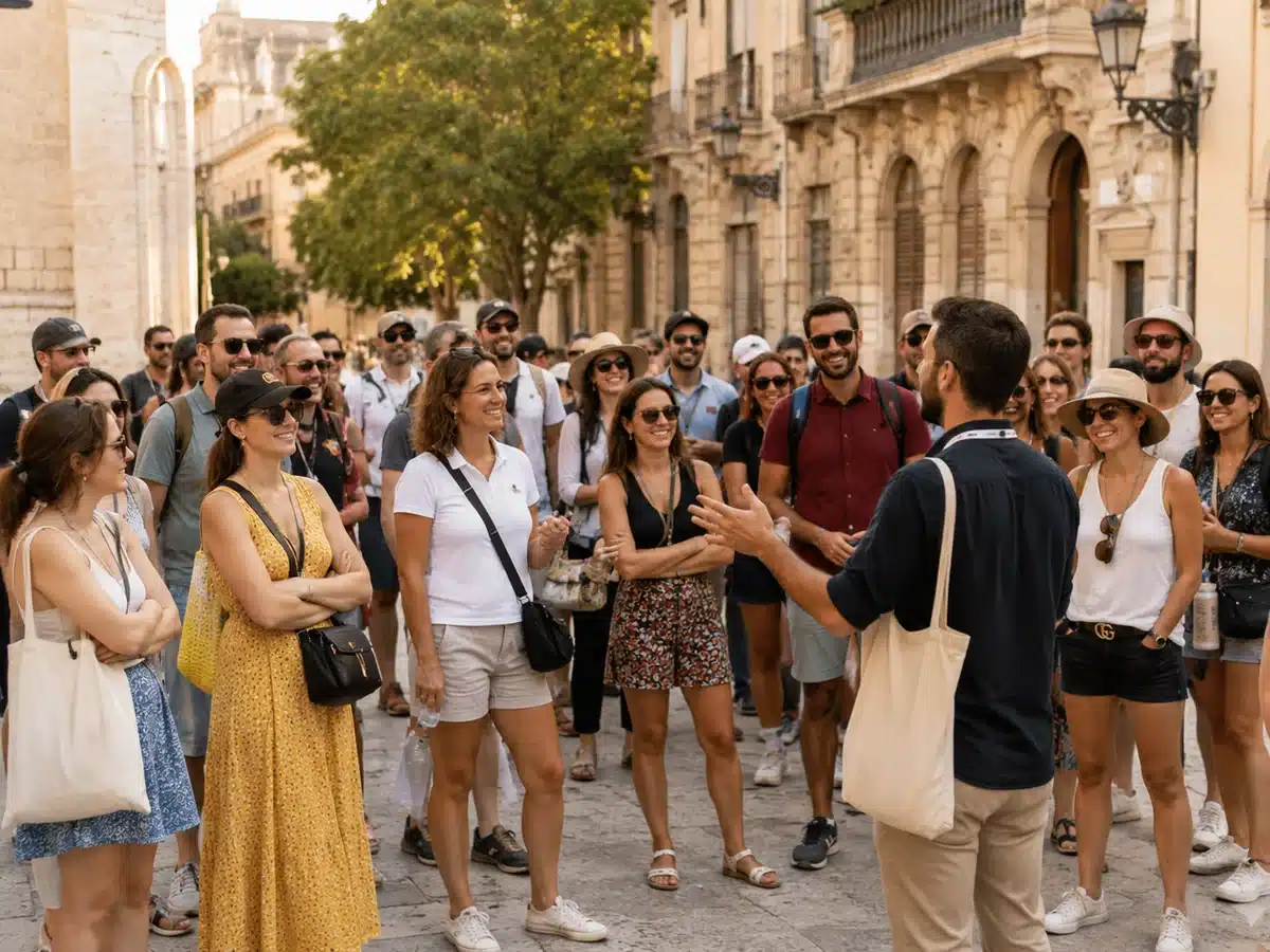 Grupo disfrutando de una visita guiada con su guía