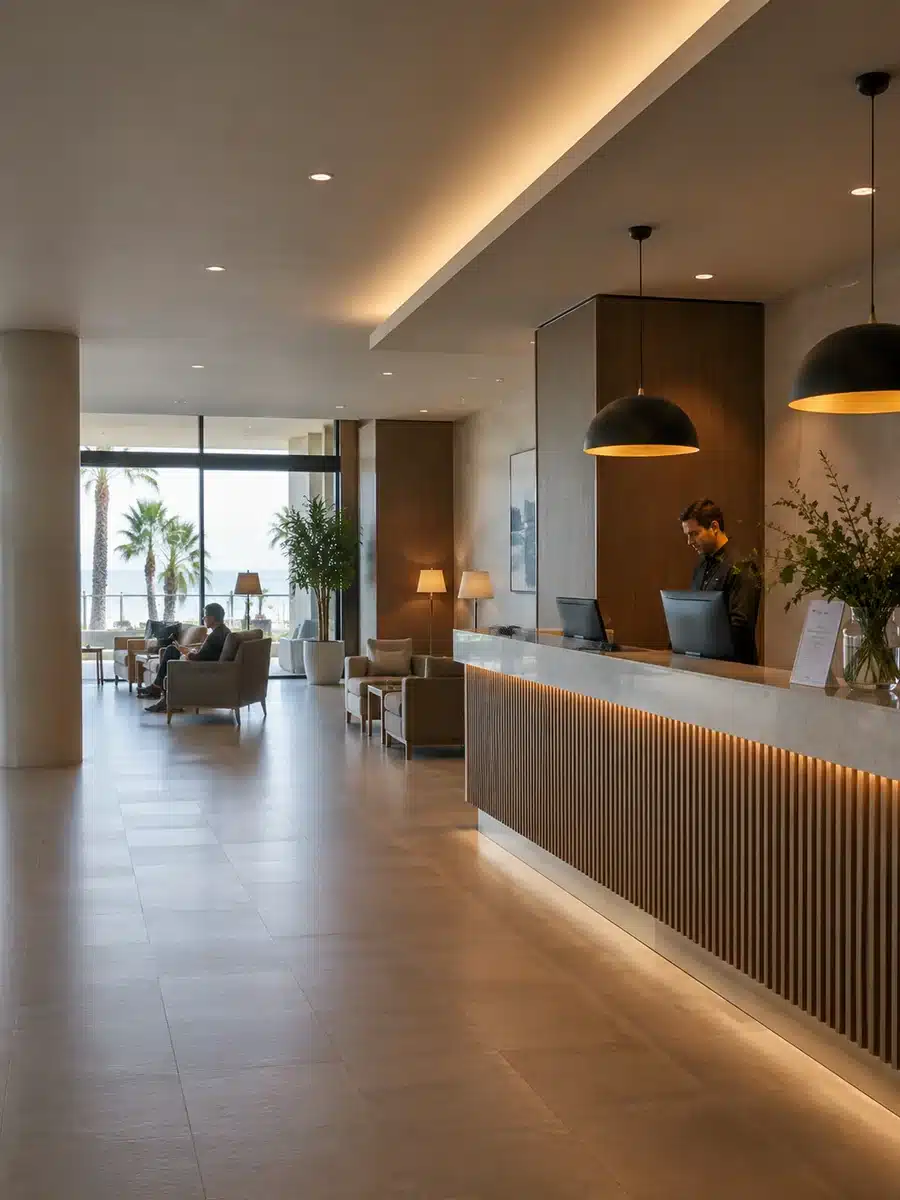 Lobby de hotel con un recepcionista y pocos huéspedes junto a la playa