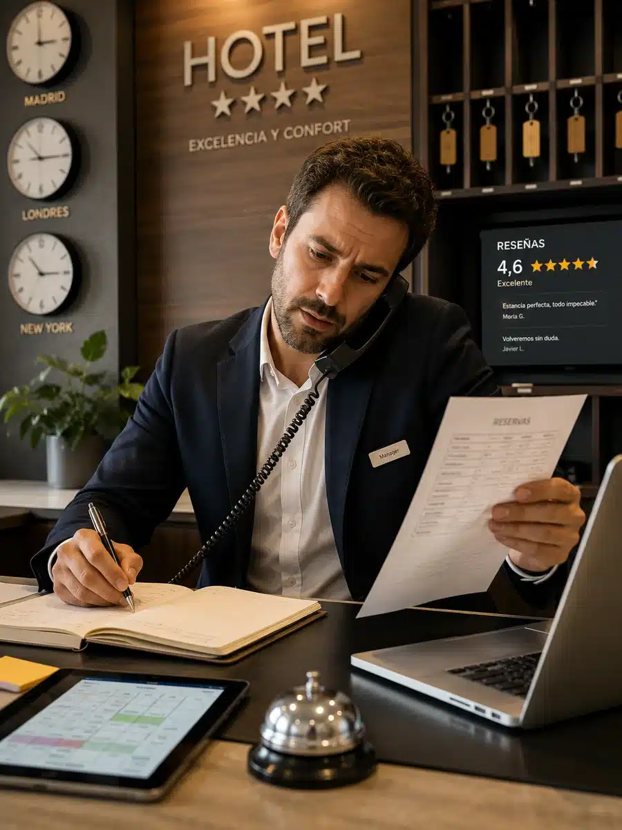 Hotelero atendiendo el teléfono mientras revisa reservas y reseñas en recepción
