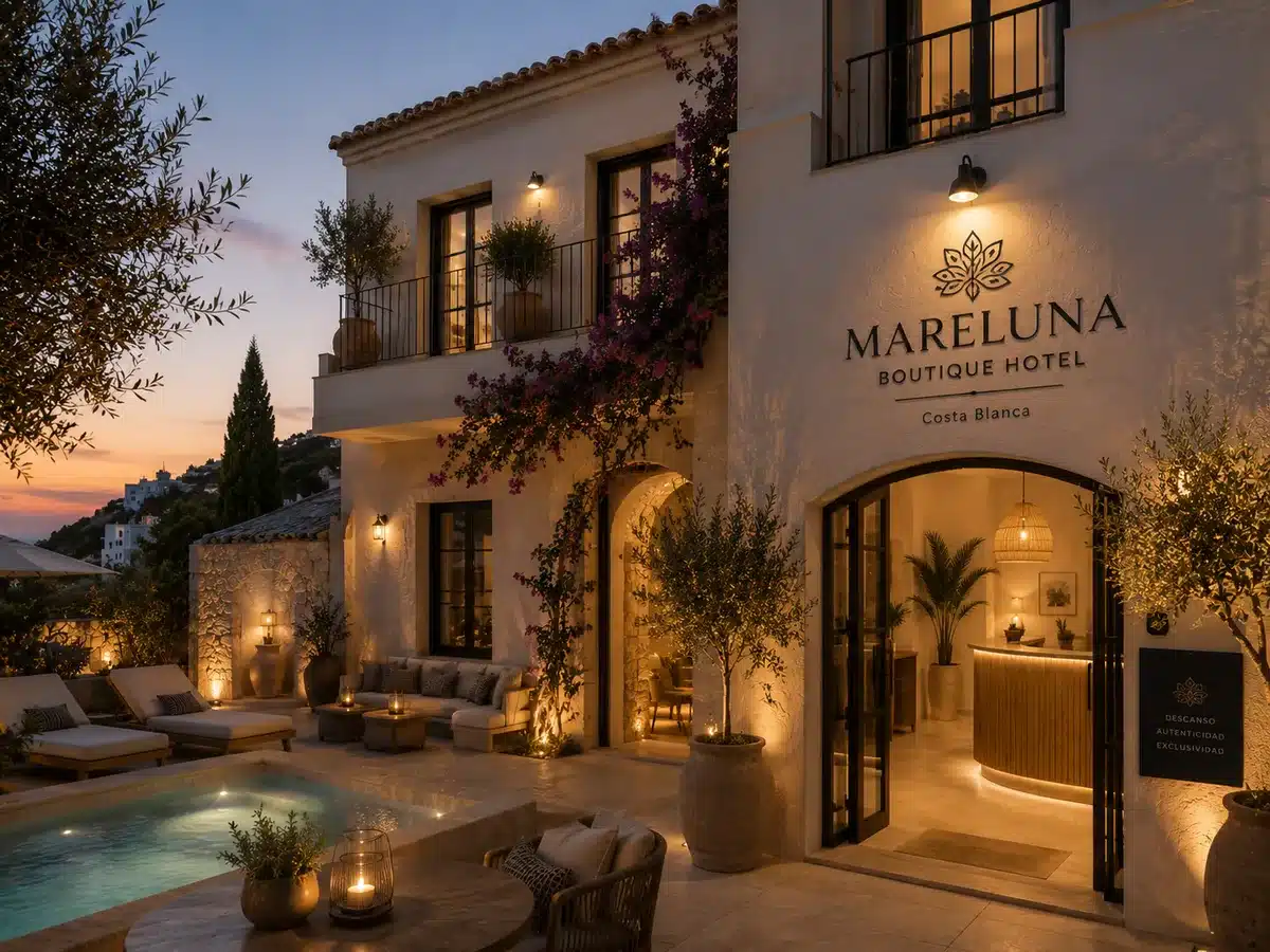 Hotel boutique con piscina y terraza iluminada al atardecer