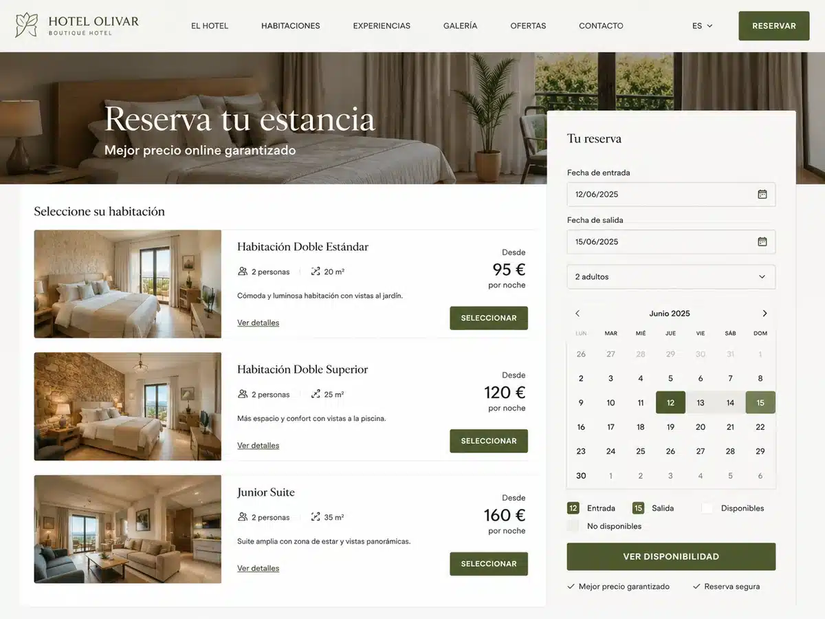 Motor de reservas integrado en la web de un hotel