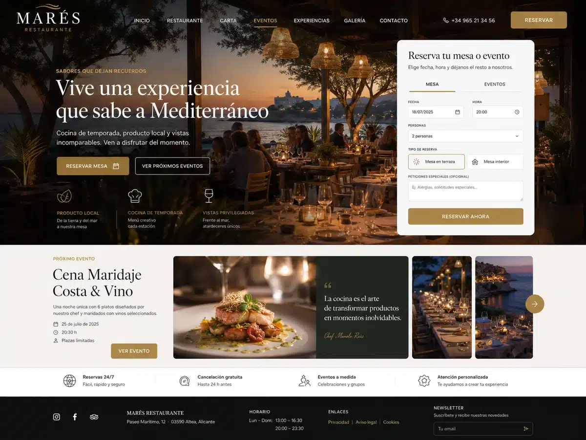 Web de reserva de mesas y eventos para un restaurante