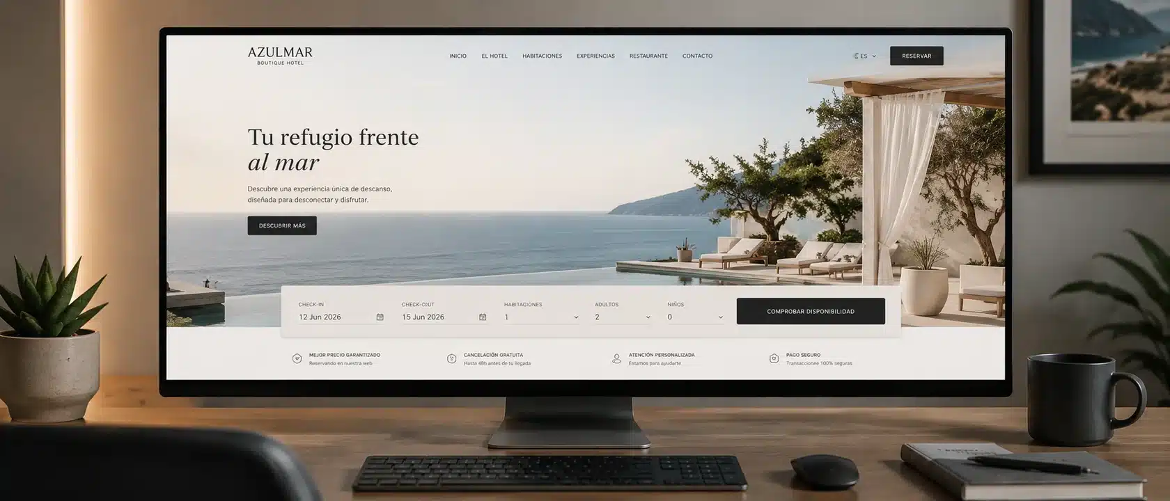 Web con motor de reservas para negocios turísticos en la pantalla de un ordenador