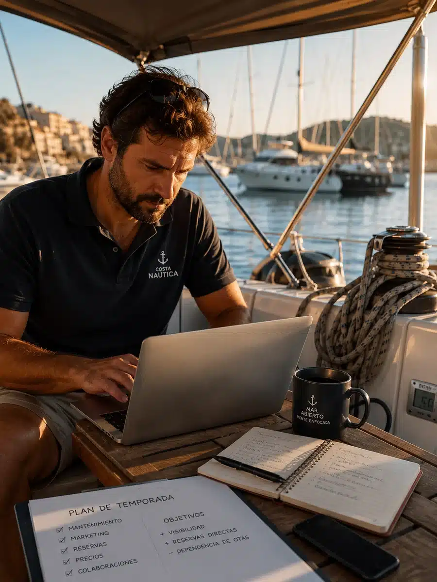 Patrón trabajando con el portátil a bordo de un velero en el puerto