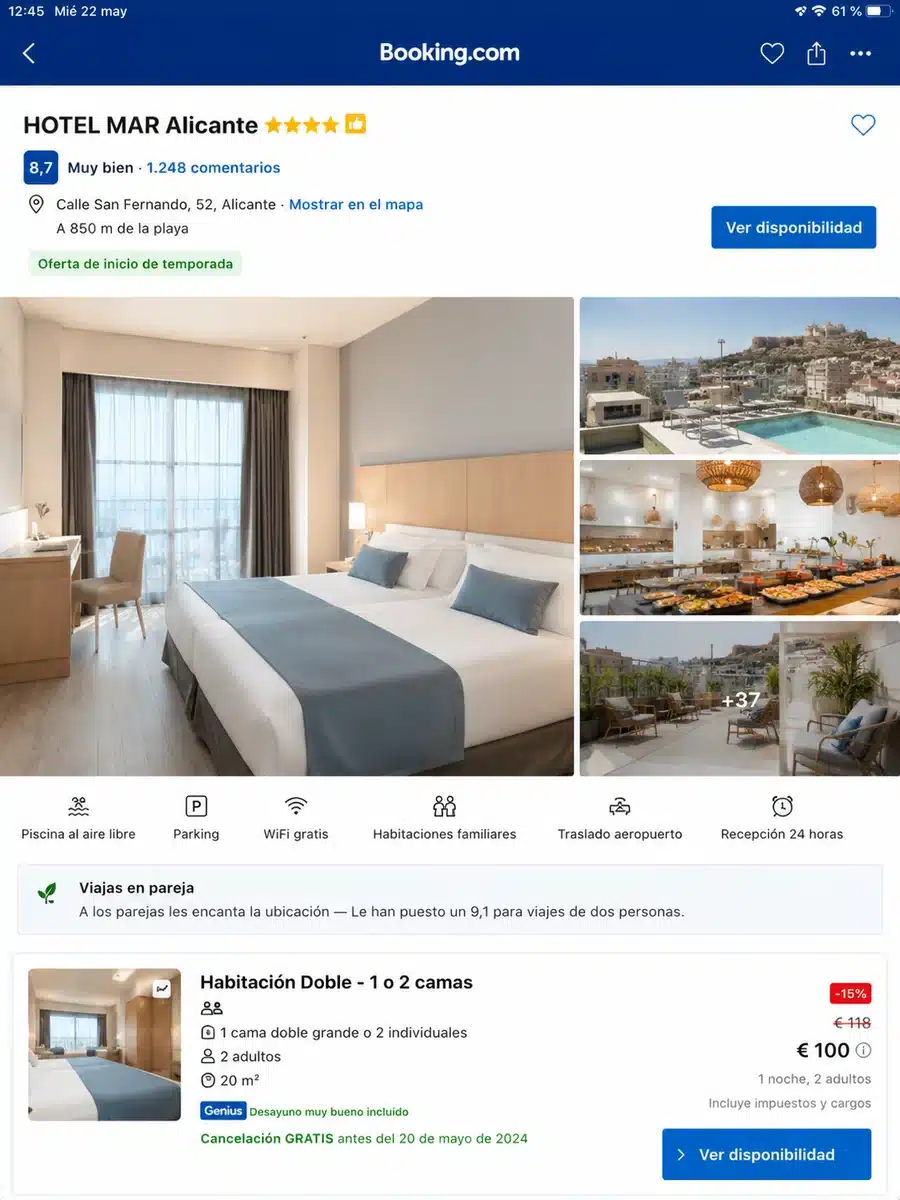 Ficha de un hotel en Booking.com con precio, reseñas y descuento de temporada
