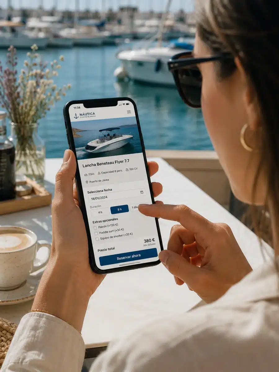 Persona reservando una lancha desde una app en el móvil frente al puerto