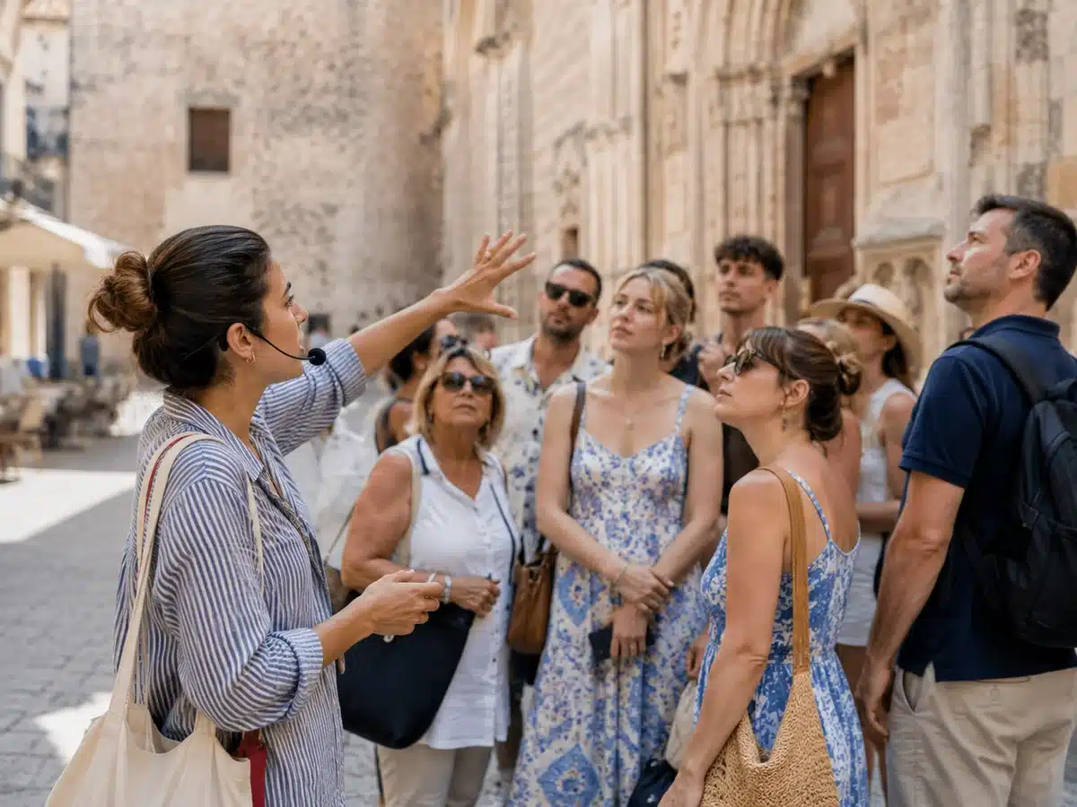 Guía turística explicando a un grupo durante una visita por la ciudad
