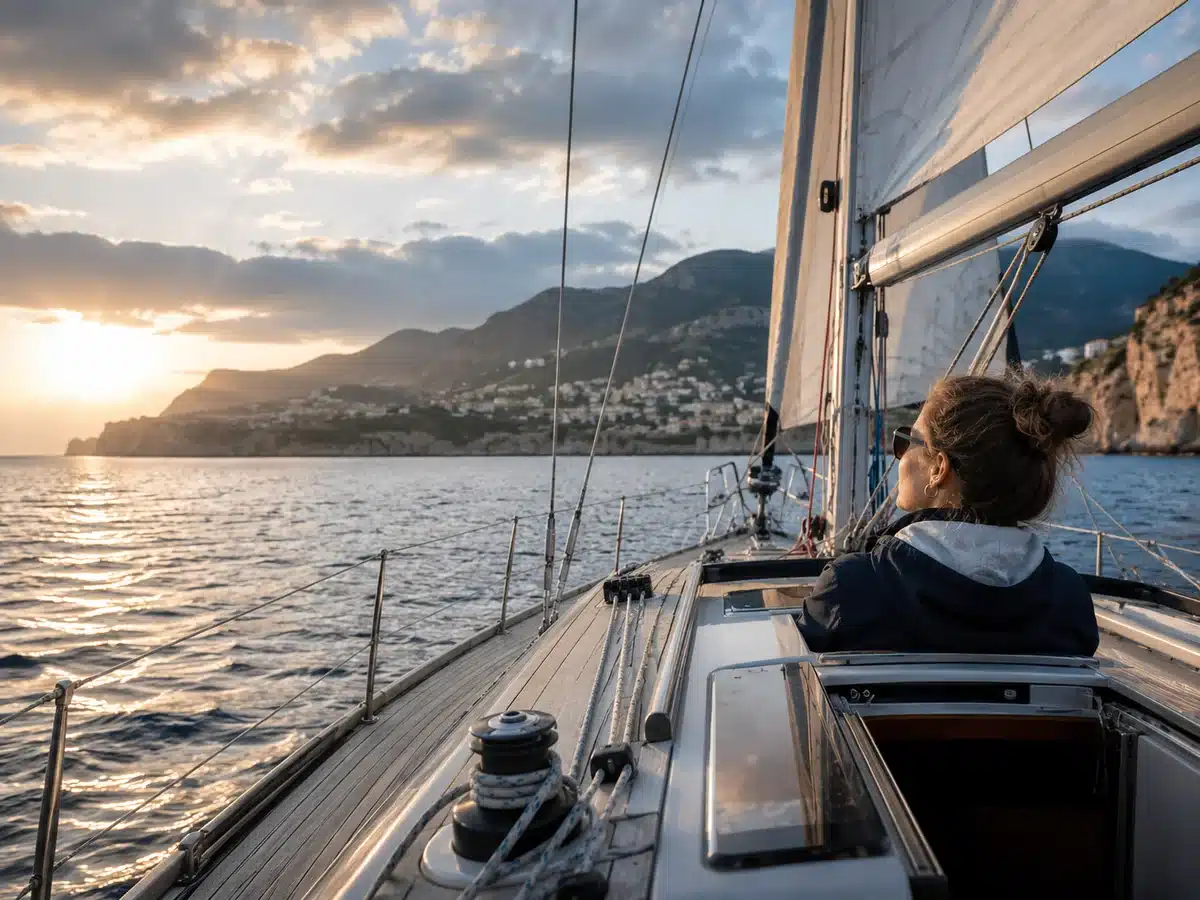 Persona navegando en velero mirando la costa al atardecer