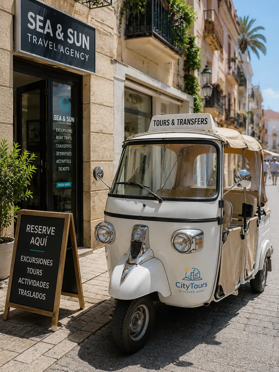 Tuk-tuk esperando clientes junto a una agencia de viajes