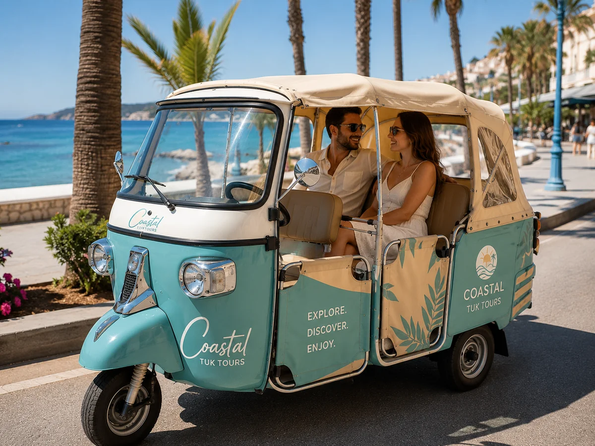 Tuk-tuk con identidad de marca cuidada y llamativa