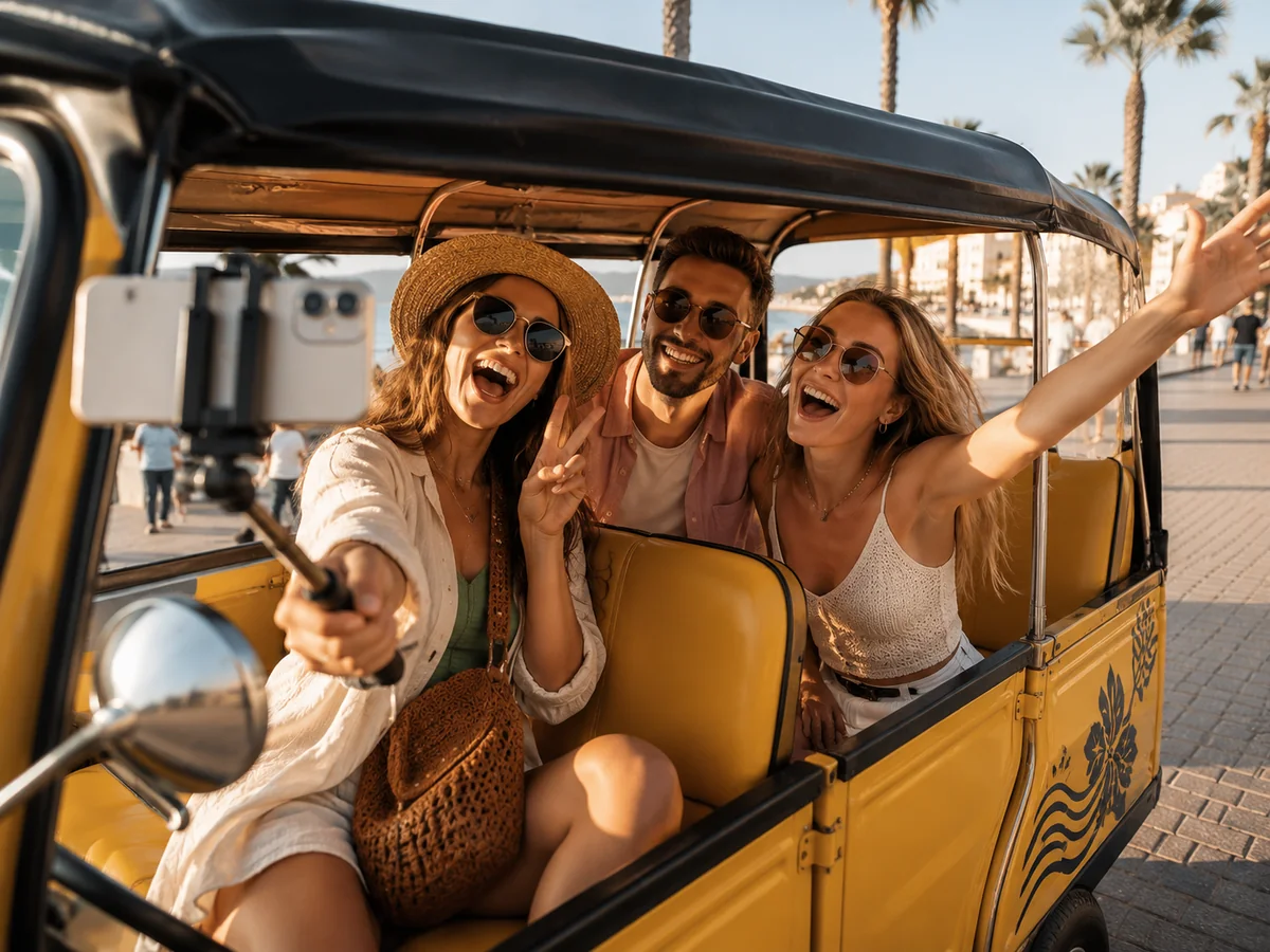 Turistas haciéndose un selfie divertido en un tuk-tuk