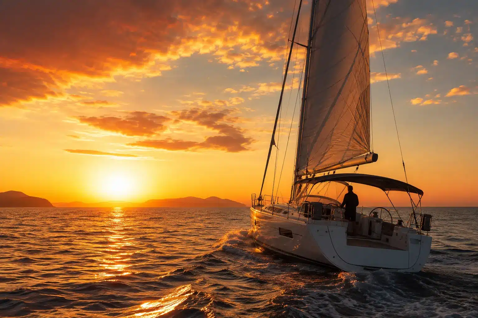 Velero navegando hacia el atardecer en mar abierto